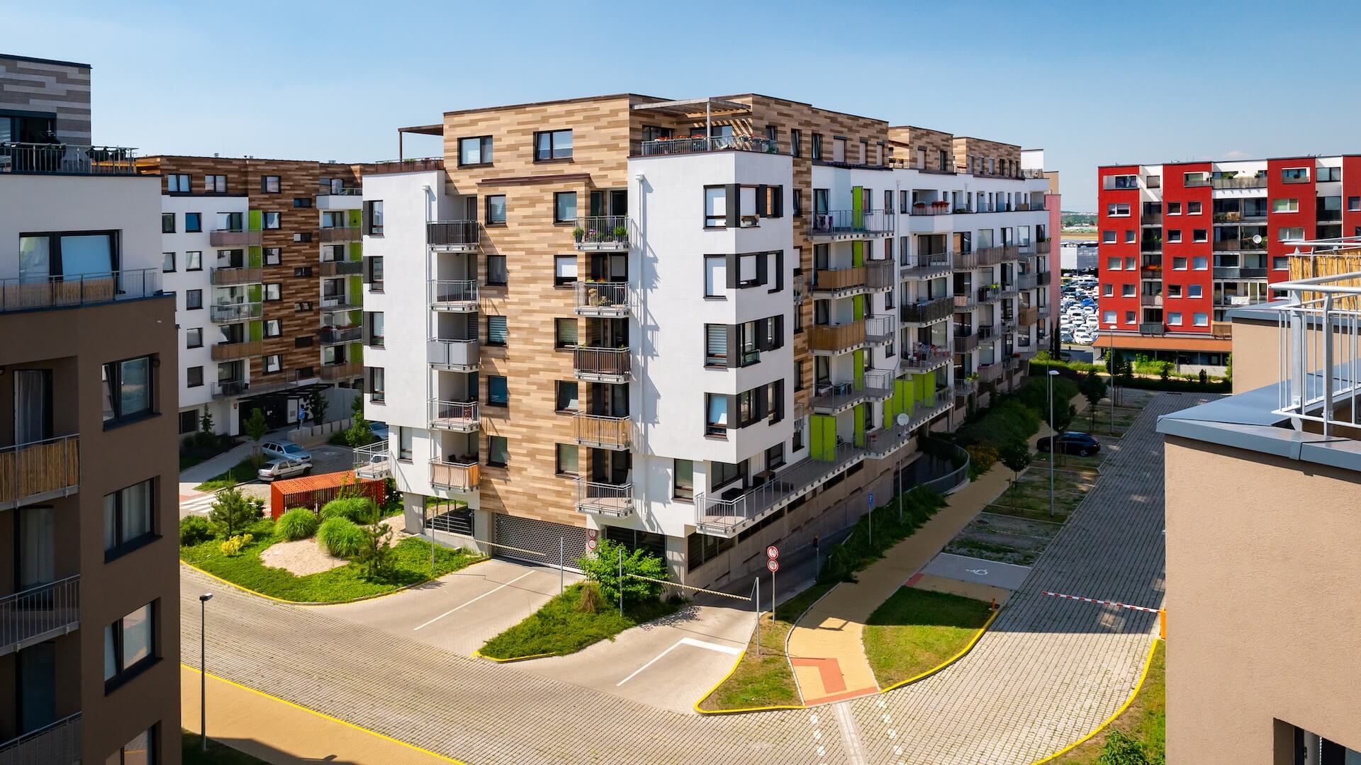 Multi-family building, aerial view. Viaw of block of flats in suburban area.